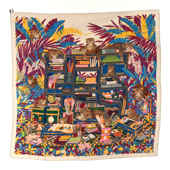 HERMES Cashmere Silk Les Douze Leopards Shawl 140 Naturel Bleu Canard