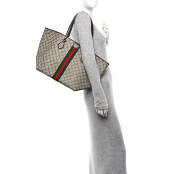 GUCCI GG Supreme Monogram Calfskin Web Large Ophidia Tote Beige Dark Brown