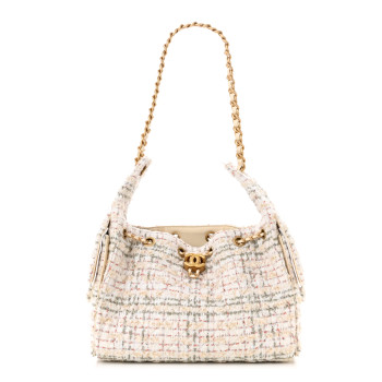 CHANEL Tweed Quilted Small Chanel 25 Handbag Ecru Khaki Gold Red