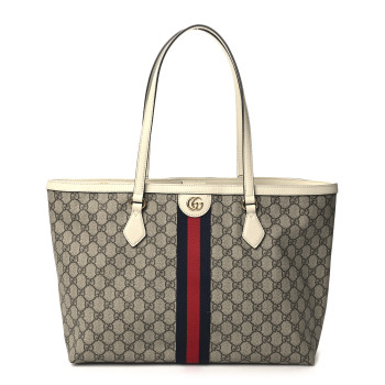 GUCCI GG Supreme Monogram Textured Dollar Calfskin Web Medium Ophidia Shopping Tote Beige Ebony Mystic White