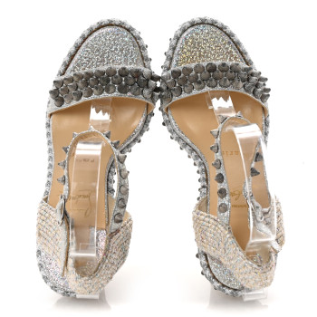 CHRISTIAN LOUBOUTIN Glitter Calfskin Rope Spiked Lata 110 Wedges 37 Silver