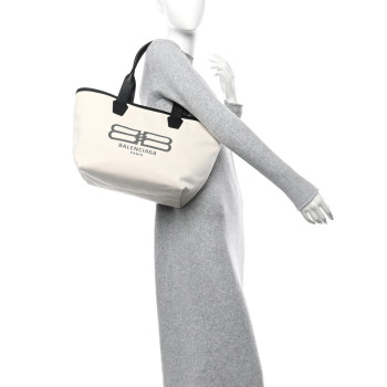 BALENCIAGA Cotton Canvas Calfskin BB Logo Jumbo Small Tote Bag Black White