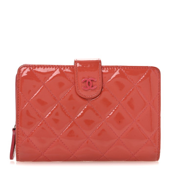 CHANEL Patent Quilted Zip Pocket Wallet Coral