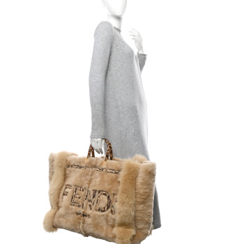 FENDI Fox Fur Sheepskin Elaphe Plexiglass FF Embossed XL Fendi Sunshine Shopper Tote Natural