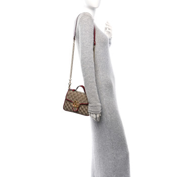 GUCCI Monogram Glazed Calfskin Matelasse Diagonal Mini GG Marmont Top Handle Shoulder Bag Beige Ebony New Cherry Red