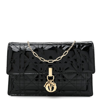 CHRISTIAN DIOR Patent Cannage Lady Dior Chain Pouch Black
