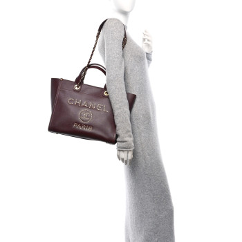 CHANEL Caviar Small Studded Deauville Tote Burgundy