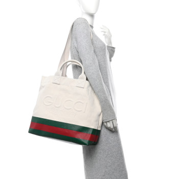 GUCCI Canvas Logo Embossed Ophidia Tote Beige