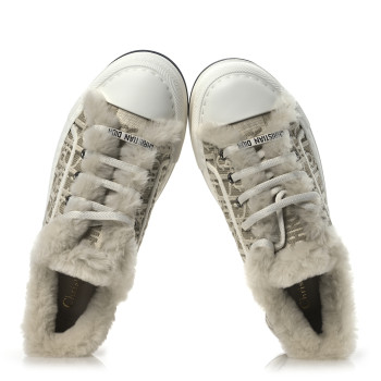 CHRISTIAN DIOR Canvas Oblique Shearling Walk'N'Dior Platform Sneakers  38.5 Beige Natural