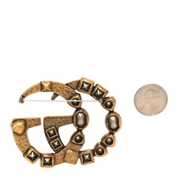 GUCCI Metal Crystal Double G Brooch Aged Gold Multicolor