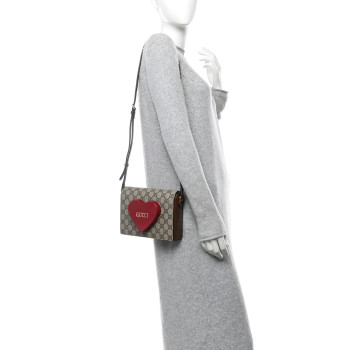 GUCCI GG Supreme Monogram Script Logo Heart Crossbody Bag Beige Brown