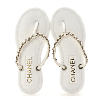 CHANEL Lambskin Terry Cloth CC Chain Thong Sandals 36 White