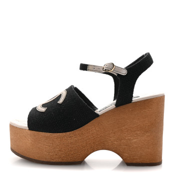 CHANEL Fabric Calfskin Platform Wedge Sandals 37 Black