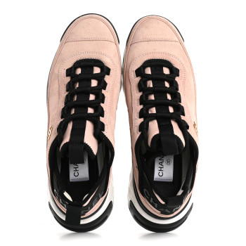 CHANEL Suede Calfskin Nylon Grosgrain CC Sneakers 38.5 Light Pink