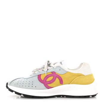 CHANEL Fabric Suede Kidskin CC Sneakers 40 Light Turquoise Fuchsia Yellow