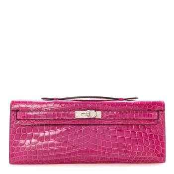 HERMES Shiny Niloticus Crocodile Kelly Cut Pochette Rose Scheherazade