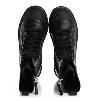 FENDI Fabric Jacquard Vitello FF Domino 50mm Biker Boots 37 Black Asfalto