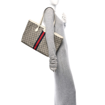 GUCCI GG Supreme Monogram Textured Dollar Calfskin Web Medium Ophidia Shopping Tote Beige Ebony Mystic White