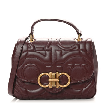 SALVATORE FERRAGAMO Calfskin Quilted Gancini Small Top Handle Flap Bag Burgundy