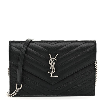 SAINT LAURENT Grain De Poudre Matelasse Chevron Monogram Envelope Chain Wallet Black