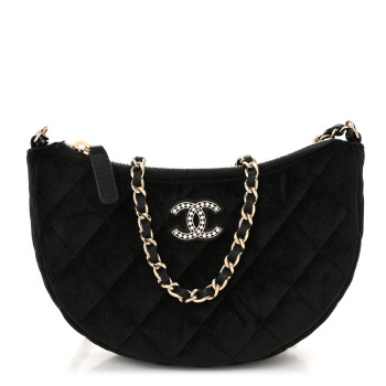 CHANEL Velvet Crystal Quilted Chain Hobo Black