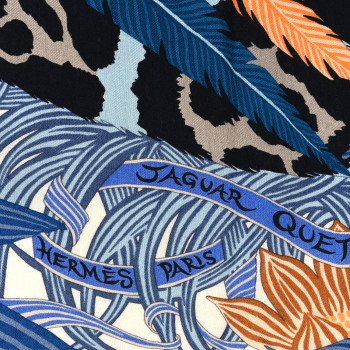 HERMES Cashmere Silk Jaguar Quetzal Shawl 140 Bleu Jean Abricot Gris