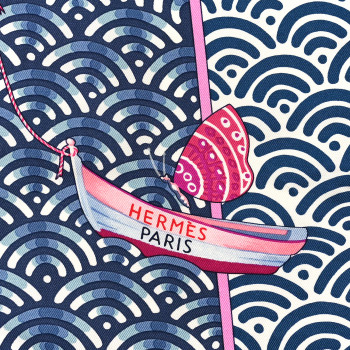 HERMES Silk Bateau Fleuri Scarf 90 Bleu Rose White