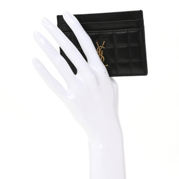SAINT LAURENT Lambskin Carre Quilted Cassandre Credit Card Case Black