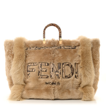 FENDI Fox Fur Sheepskin Elaphe Plexiglass FF Embossed XL Fendi Sunshine Shopper Tote Natural