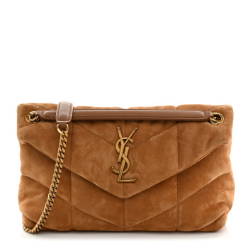 SAINT LAURENT Suede Calfskin Quilted Small Loulou Puffer Monogram Chain Satchel Cinnamon