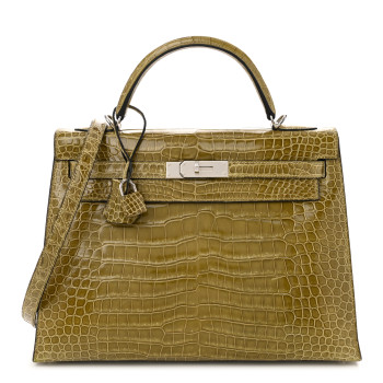 HERMES Shiny Porosus Crocodile Kelly Sellier 32 Vert Anis