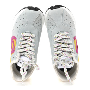 CHANEL Fabric Suede Kidskin CC Sneakers 40 Light Turquoise Fuchsia Yellow