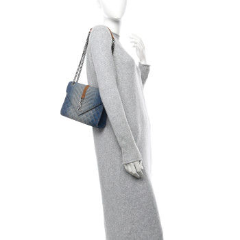 SAINT LAURENT Denim Mixed Matelasse Triquilt Medium Monogram Envelope Satchel Blue