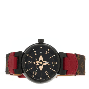 LOUIS VUITTON PVD Stainless Steel Monogram Diamond 28mm My LV Tambour Quartz Watch Black