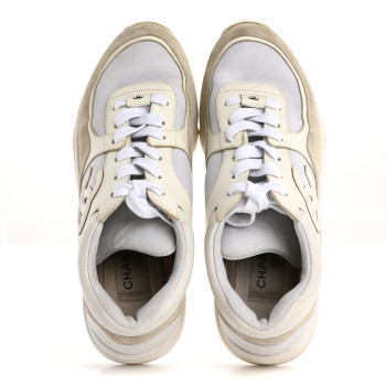 CHANEL Suede Calfskin Fabric CC Sneakers 36.5 White