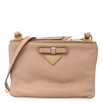 PRADA Vitello Daino Double Zip Crossbody Bag Cammeo