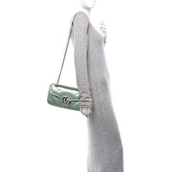 GUCCI Iridescent Nappa Chevron Matelasse Small GG Marmont Shoulder Bag Iridescent Salvy Green