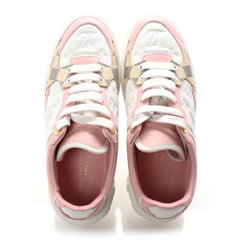 LOUIS VUITTON Monogram Embossed Calfskin Damier Azur Time Out Sneakers 38.5 Rose Clair Pink