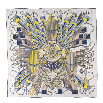HERMES Cashmere Silk Point D'Orgue Scarf 140 Gris Chine Jaune Black