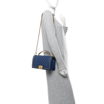 CHANEL Lambskin Quilted Medium Top Handle Boy Flap Dark Blue