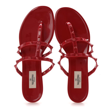 VALENTINO GARAVANI PVC Jelly Monochrome Rockstud Caged Flat Thong Sandals 41 Rosso Valentino