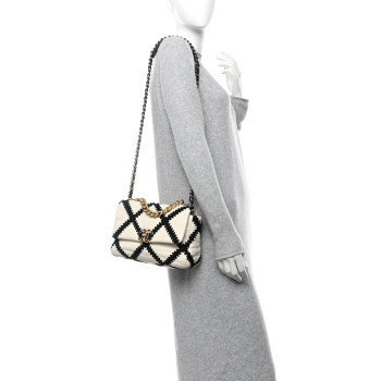 CHANEL Calfskin Crochet Medium Chanel 19 Flap White Black