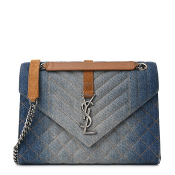 SAINT LAURENT Denim Mixed Matelasse Triquilt Medium Monogram Envelope Satchel Blue