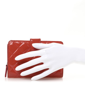 CHANEL Patent Quilted Zip Pocket Wallet Coral