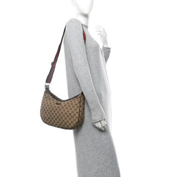 GUCCI Monogram Web Medium Half Moon Hobo Dark Brown