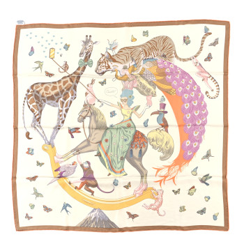 HERMES Silk Hermes Story Scarf 90 White Beige Multicolor
