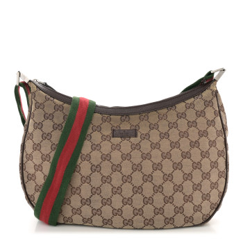 GUCCI Monogram Web Medium Half Moon Hobo Dark Brown