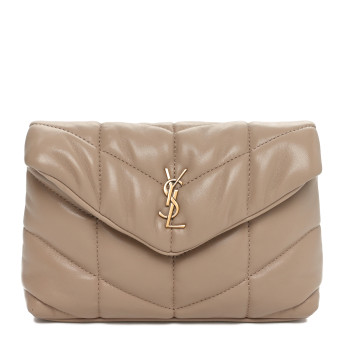 SAINT LAURENT Lambskin Monogram Loulou Puffer Pouch Clutch Dark Beige