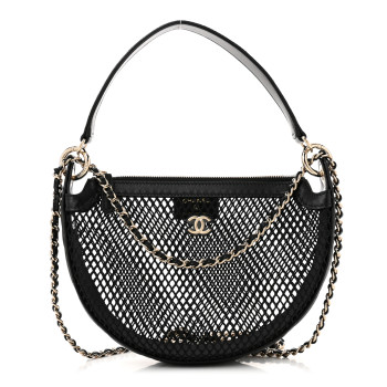 CHANEL Mesh Shiny Lambskin Chain Hobo Black