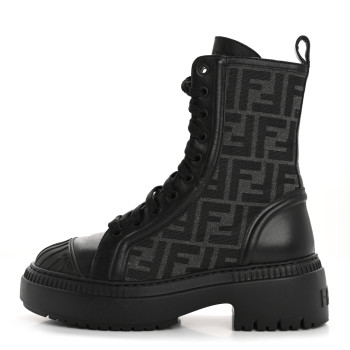 FENDI Fabric Jacquard Vitello FF Domino 50mm Biker Boots 37 Black Asfalto